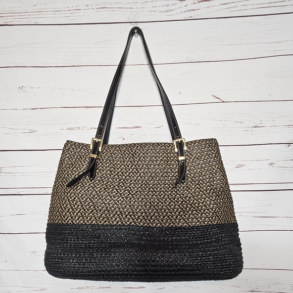 Eric Javits Brown and Black Signature Pattern Rafia Handbag - Picture 2 of 16